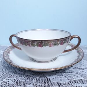 Elite Works Limoges 2 Handle Broth Soup Bullion Teacup Cup & Saucer Bowl Roses